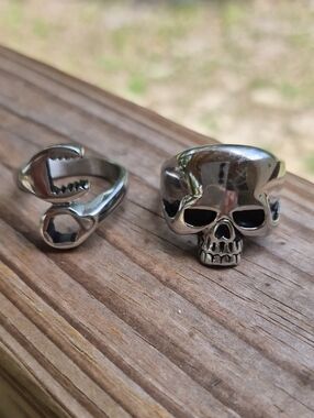 MENS STAINLESS STEEL SKULL AND WRENCH RINGS